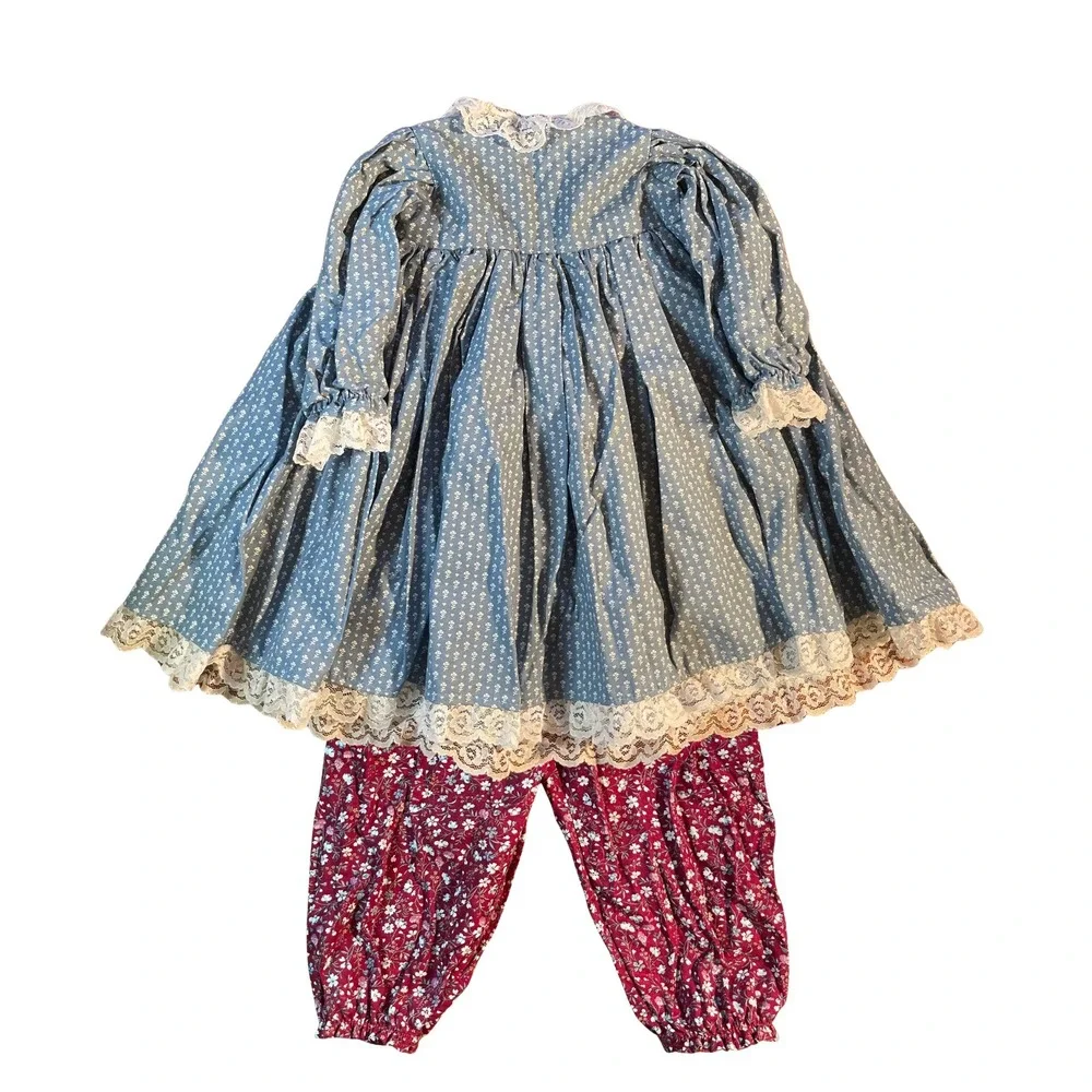Vintage Handmade‎ Doll Clothes Blue Floral Print Dress Bloomers Set Cottagecore